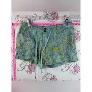 Santiki Women's Drawstring Athletic Shorts Teal Leaf-Print Flowly Beachy Summer